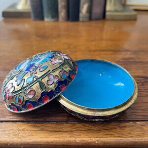 Vintage Gold Blue Pink Cloisonne Floral BirdEnameled Incense Jewelry/Trinket Box